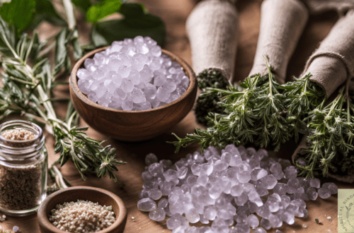 crystals and herbs on a wooden table.