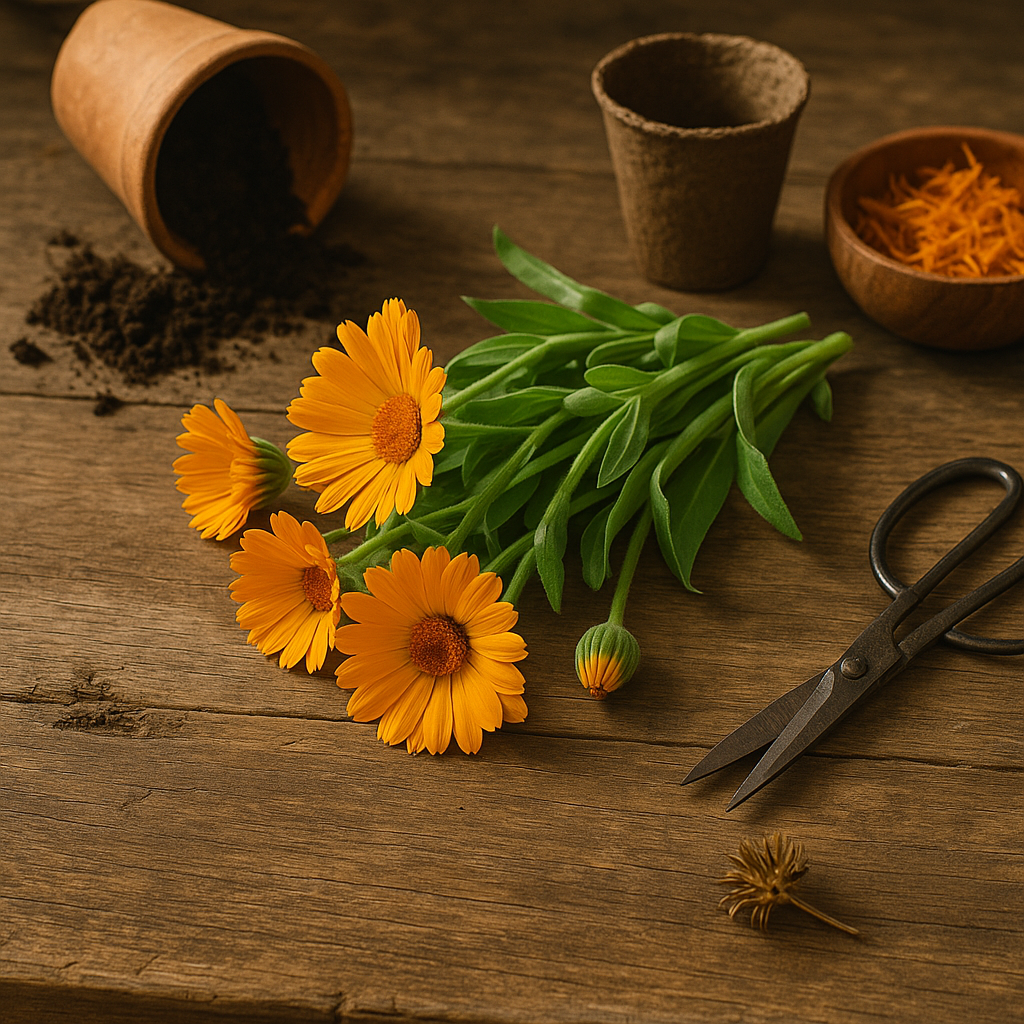 calendula flowers cut laying on a wooden table with gardening supplies around